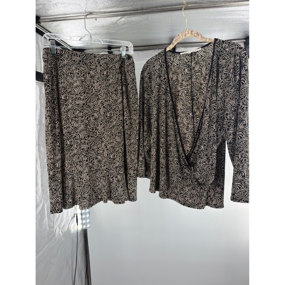 two piece skirt set black tan abstract swirl midi wrap top plus size xl